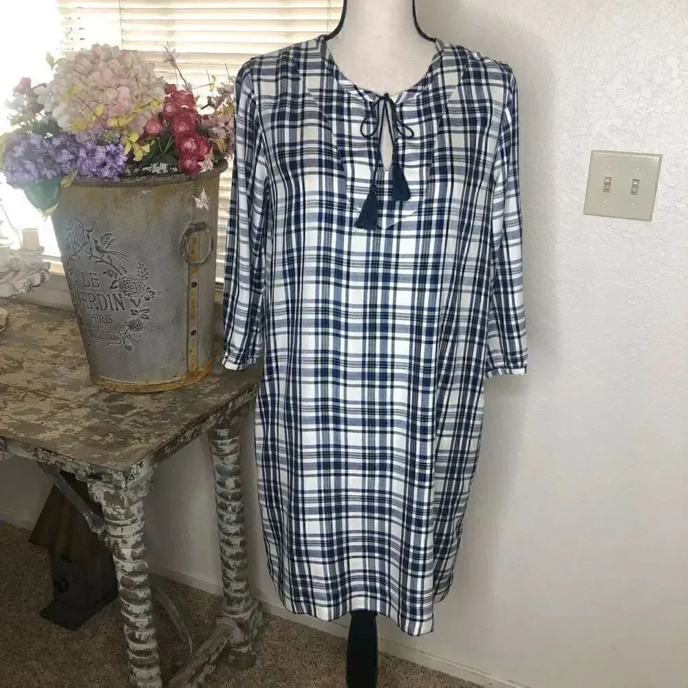 Madewell White, Navy, and Black Plaid Light Academia Shift Dress Size XS
